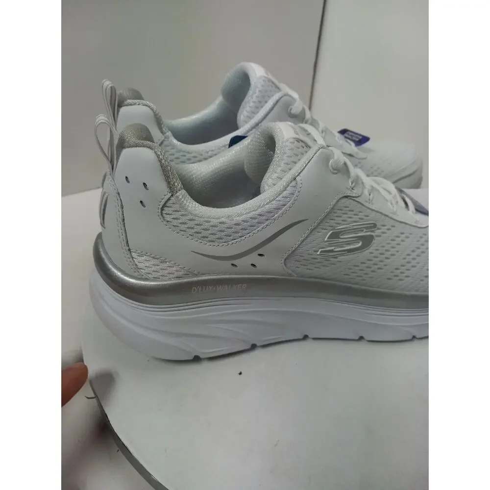 Skechers D'Lux Walker Infinite Motion White Silver Mesh Lace Shoes Womens Sz 11